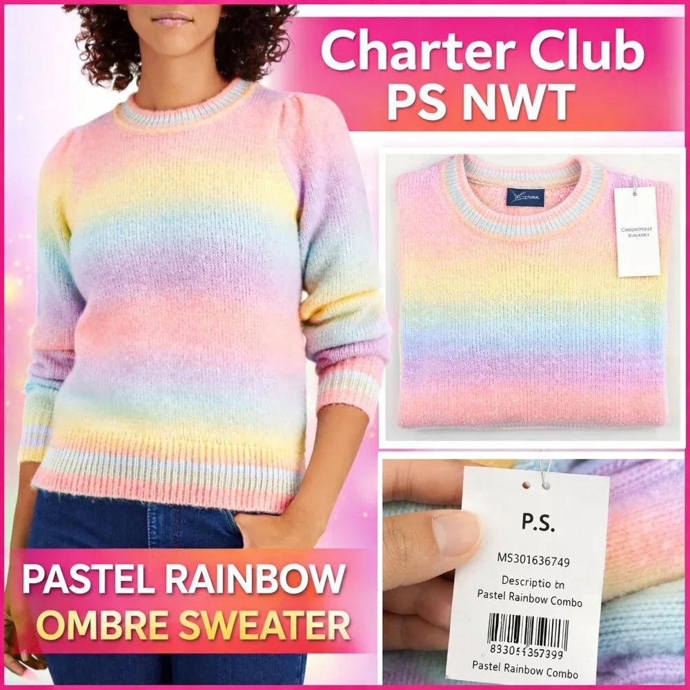 Charter Club Petite Ombre Sweater PS NWT Pastel Rainbow Knit Crewneck Soft Color - Picture 2 of 4